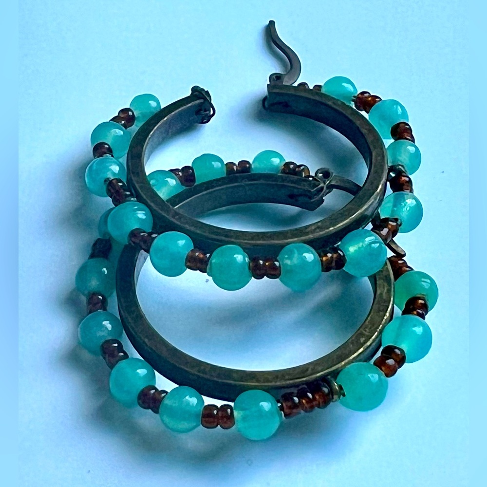 🦚 Turquoise and Brown Glass Bead Hoop Earrings with Brass Tone by Cookie Lee